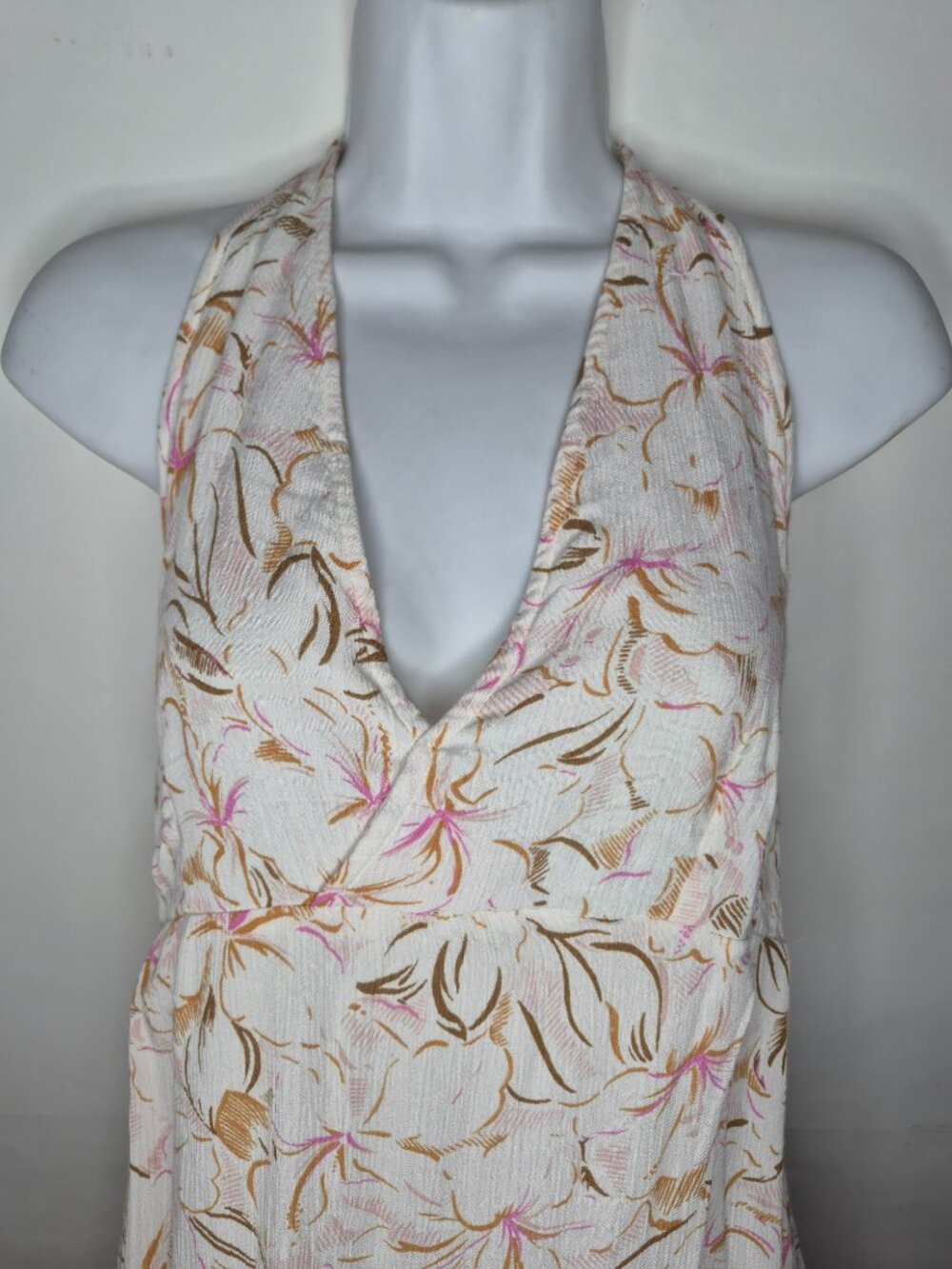 O'Neill Floral Womens L Lined Backless V-Neck Maxi Halter Dress Ivory Pink Brown - Picture 3 of 15